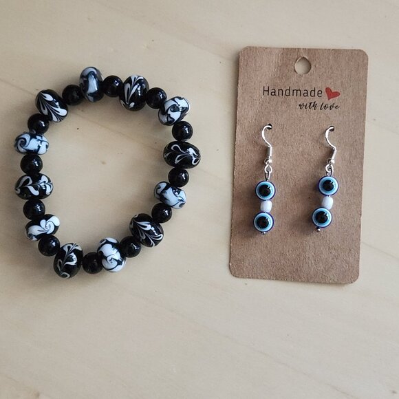 Blue Evil Eye Drop Earrings, & Beaded Bracelet, Swirl Pattern, Bead, Glass, BOHO - Picture 1 of 5